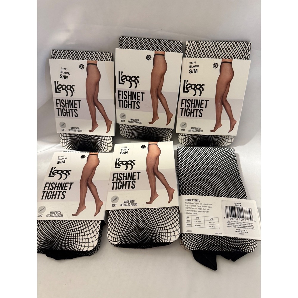 Lot of 6 L'eggs Fishnet Tights Black S/M Soft Recycled Fibers NWT Hosiery